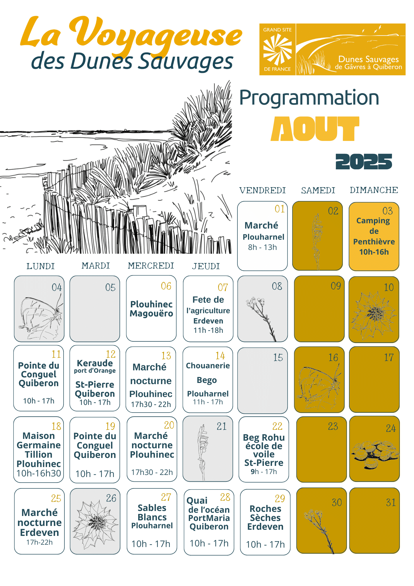 Calendrier Aout 2025 clair - Grand Site de France Dunes Sauvages de Gâvres à Quiberon