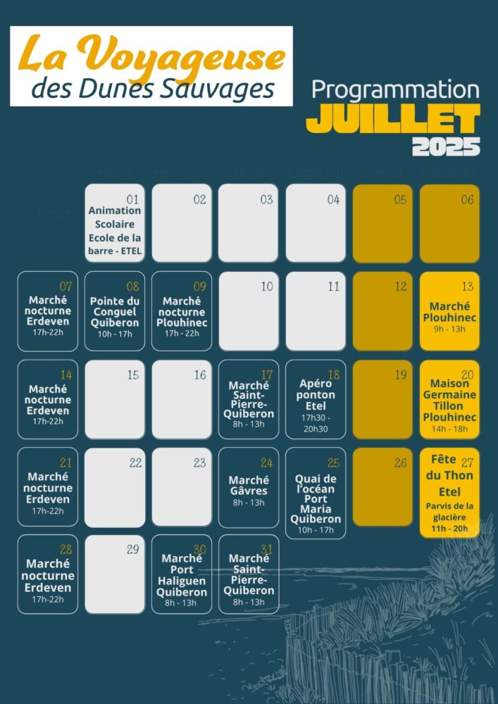 Calendrier juillet 2025 - Grand Site de France Dunes Sauvages de Gâvres à Quiberon